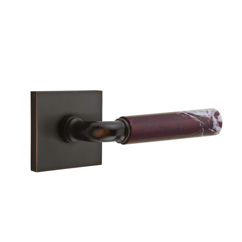 Ensemble de leviers de passage Emtek Select avec rosette carrée et tige R-Bar, levier en marbre Rosso Levanto, Gauche