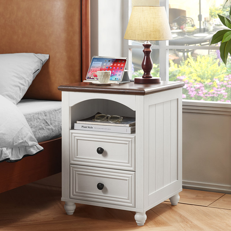 18" Farmhouse Night Stand With Charging Station,Wood Nightstand With 2 Drawers, Bedside End Table With Shelf Storage, Bed Side Tables Cabinet For Bedroom, Living Room, And Closet