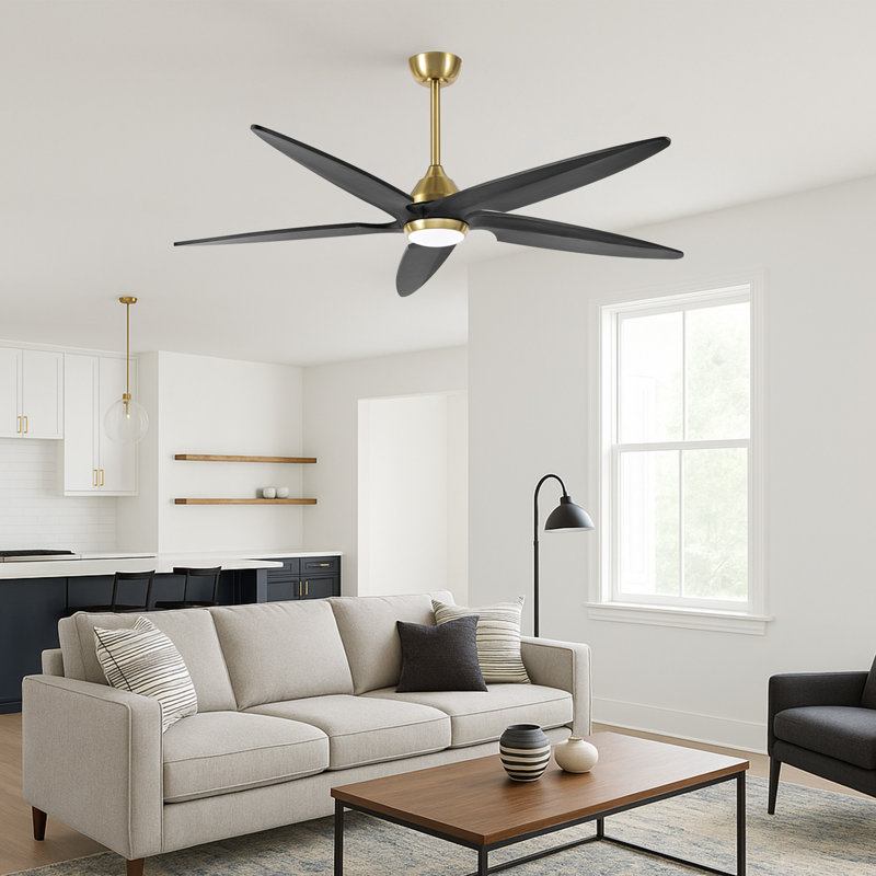 Chanille 5-Blade Solid Wood Ceiling Fan with LED Light and Remote Control, 54", Gold, Black