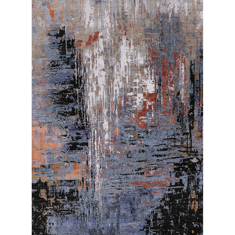 Tapis bleu / noir / gris à motif abstrait Bruceville, Rond 7 pi