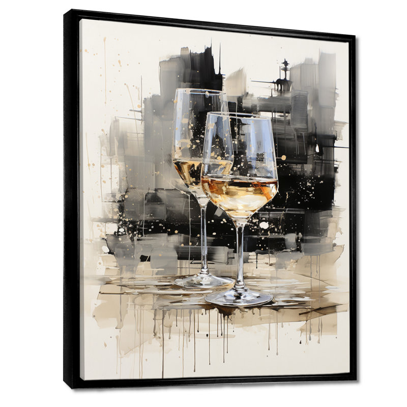 Verre noir et blanc Essence II - Champagne, art mural, Cadre flottant noir, H 32 po x l 16 po x P 1 po