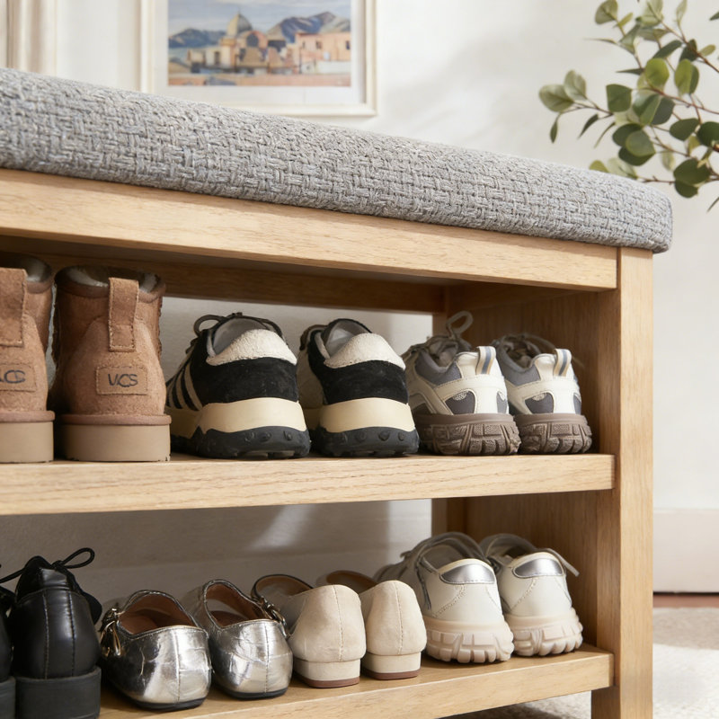 Banc de rangement avec coussin Mid-Century, Light Yellow Wood/Gray