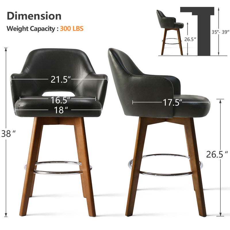 Aylsworth 26.5" Swivel  360-degree Faux Leather Upholstered Counter Stool With Footrest, Black