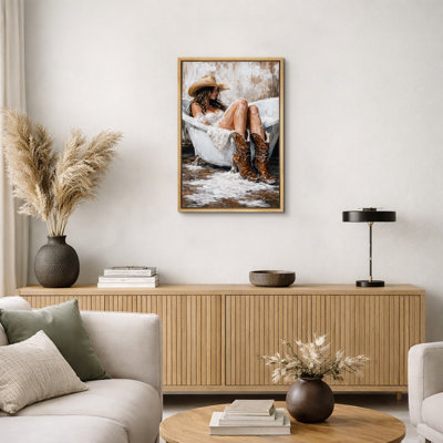 Rustic Cowgirl Relaxing in Bathtub Western Lifestyle Artwork, Farmhouse Bathroom Pictures, Framed Canvas Giclee Print Wall Art