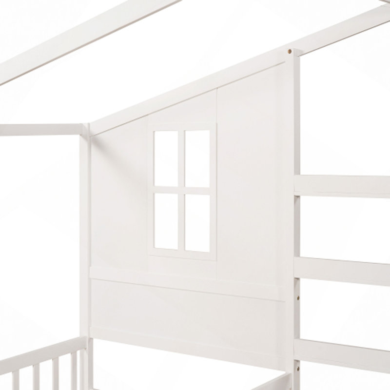 Lit en bois massif, 2 lits simples en L avec clôture et structure à lattes, Blanc
