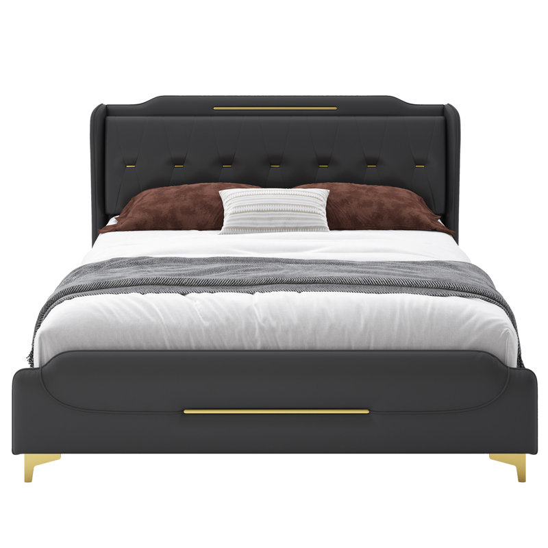 Grand lit pour bébé avec design à oreilles, formes géométriques sur la tête de lit, pieds en métal doré, ornement en cuir de construction, éponge haute résilience confortable, bois et base