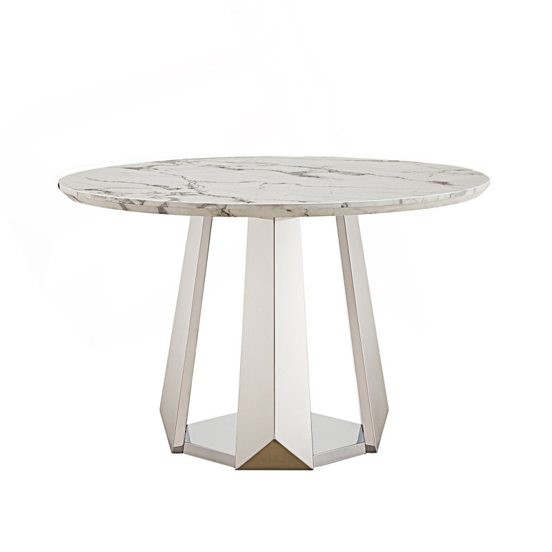 47" Round Marble Dining Table, White, Sliver
