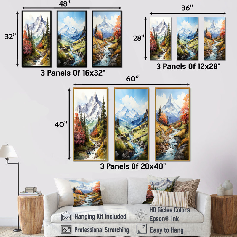 Ensemble de 3 décorations murales Mountain Summit Serenity Creek - montagnes, H 28 po x l 36 po, Cadre flottant brun