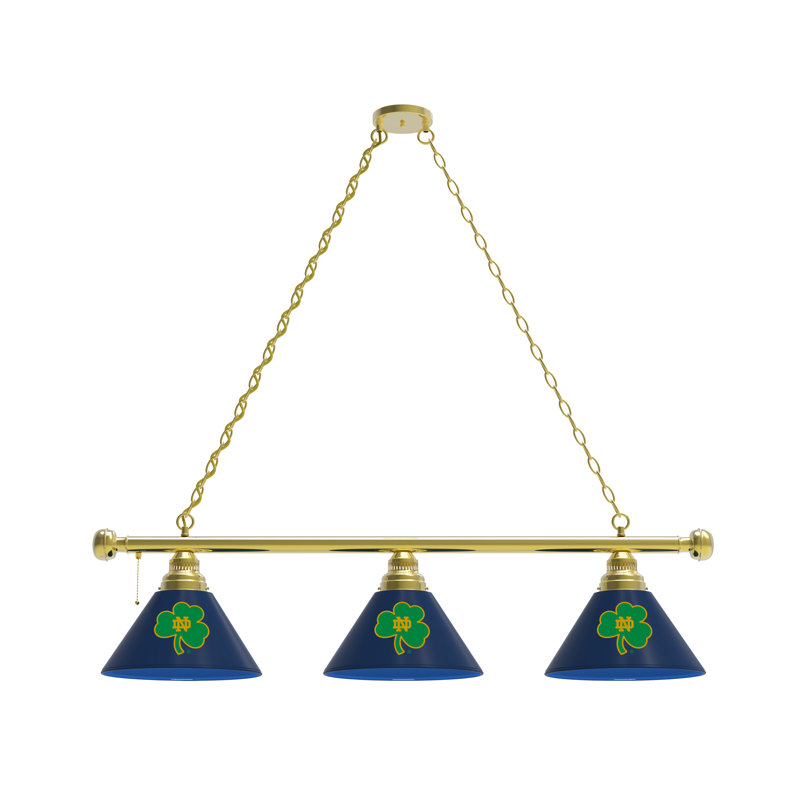 Luminaire suspendu linéaire à 3 lumières pour table de billard NCAA, Laiton, Fighting Irish de Notre Dame (trèfle)