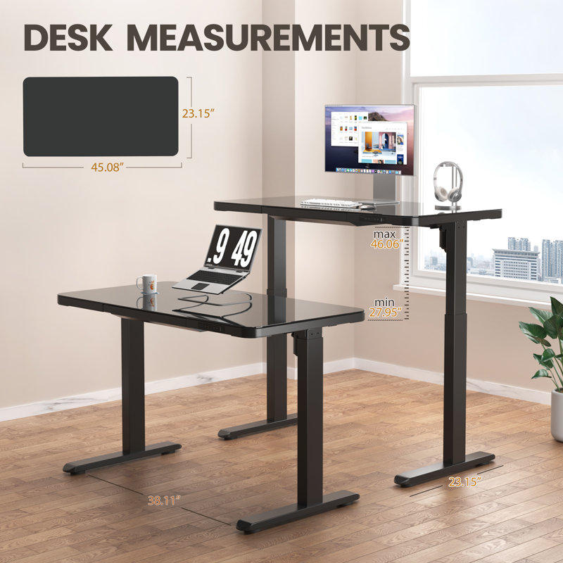 Black Glass Adjustable Height Standing Desk with Drawer and USB Ports