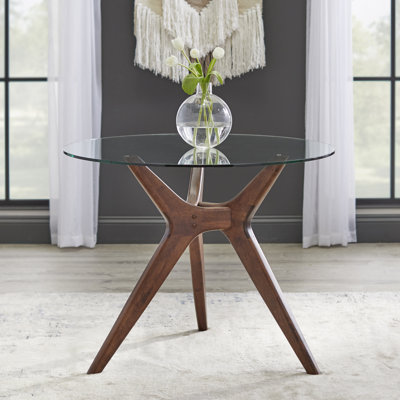 Orey Round Glass Top Solid Wood Base Dining Table