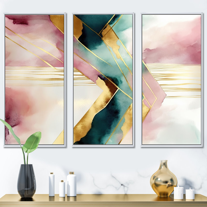 Abstrait géométrique géométrique rose et vert III - 3 pièces sur toile, H 28 po x l 36 po x P 1 po, Cadre flottant blanc