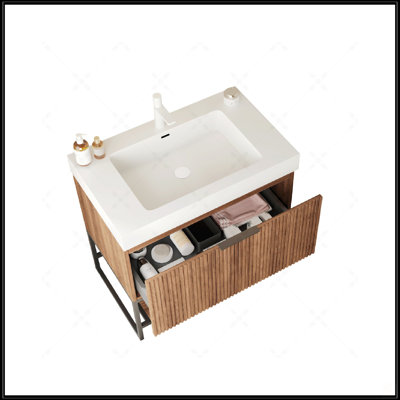 Armoire de salle de bain autoportante en noyer rétro avec tiroir spacieux et tablette ouverte, durable et résistante à l'eau