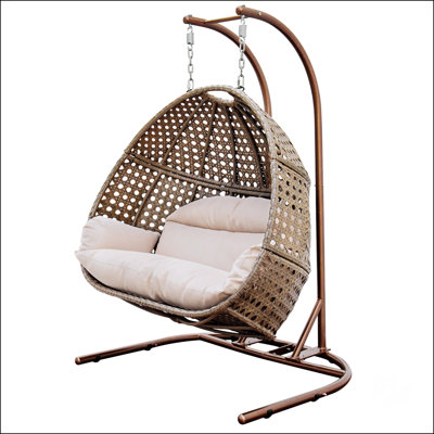 Charcoal Wicker Hanging Double-Seat Swing Chair With Stand W/Dust Blue Cushion