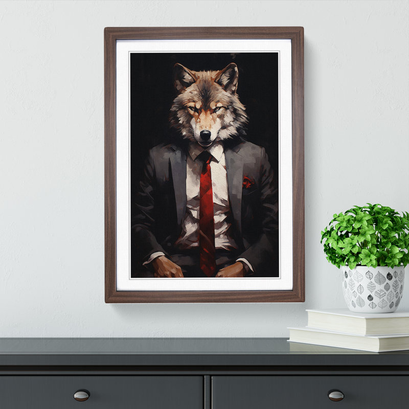 XYZ-FRM-V1223-1695 Wolf In A Suit Painting No.2 - Single Picture Frame Print on Wood, 34cm H x 25cm W x 2cm D, Walnut 