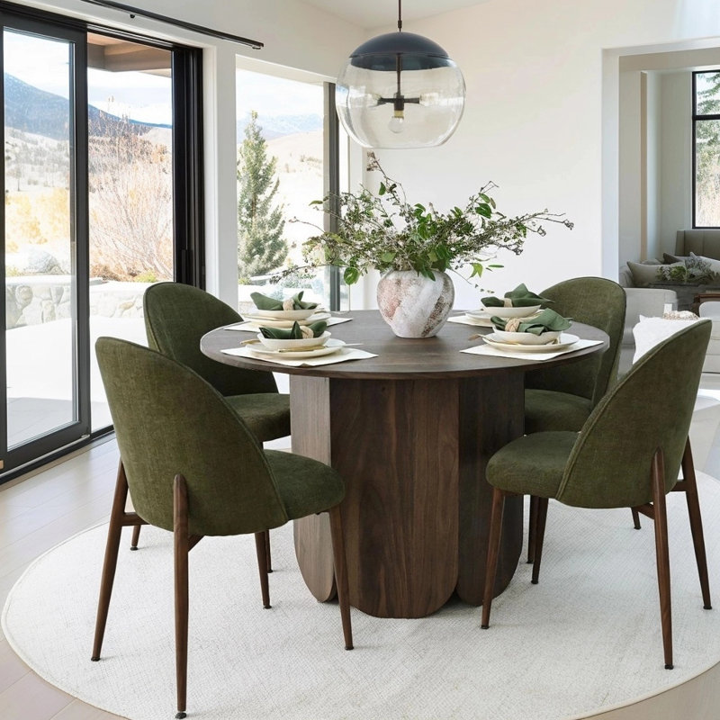 Upholstered Dining Chair with Metal Legs, Green Walnut Leg
