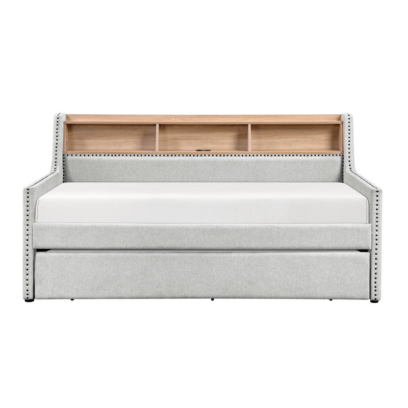 Lit de jour simple gris moderne avec lit gigogne escamotable, bibliothèque et fonction de charge, garniture cloutée. Structure de lit en bois d'ingénierie, sans sommier, idéale pour les espaces de bureau à domicile