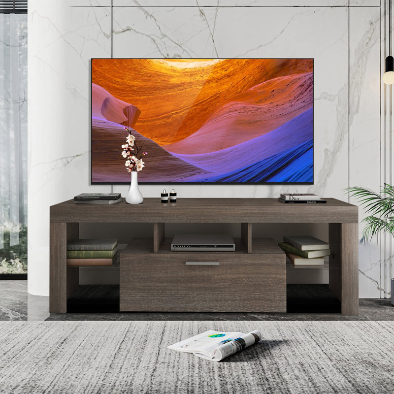 Raphaelle 62.98''Wide Wooden Media Console TV Stand with Remote Controlled LED Light, Brown/White