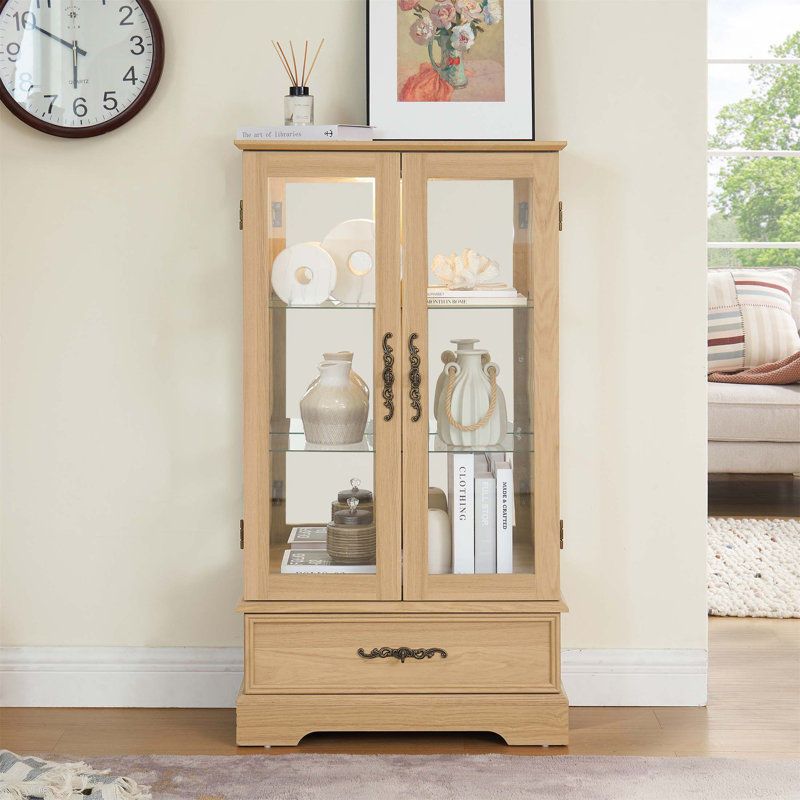 Lighted Glass Curio Display Cabinet With Adjustable Shelves, 2 Doors, 1 Drawer, And Anti-Tip Safety, Ideal For Showcasing Collectibles