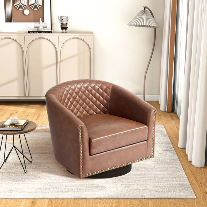 75.2Cm Wide Tufted Swivel Barrel Chair, Brown