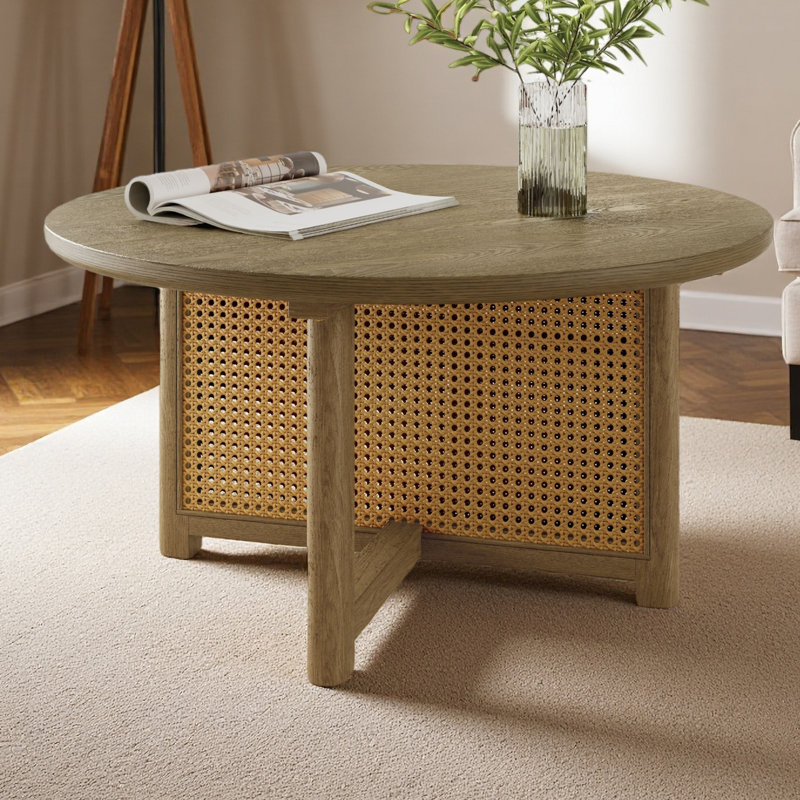 Table basse 32 po en rotin, table basse ronde en bois tissé de rotin