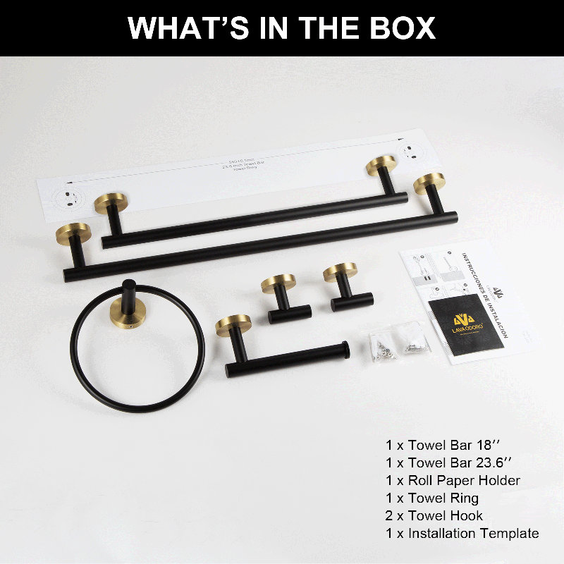 6-Piece Bathroom Hardware Set, Black/Gold