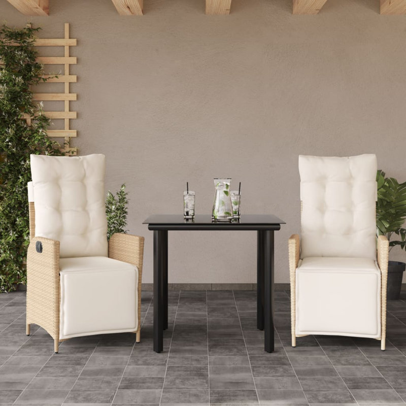 Vidaxl Patio Dining Set With Cushions Poly Rattan, Square Table, 29.1" H x 31.5" L x 31.5" W, Black, 2