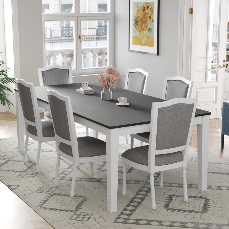 Ensemble de table de salle à manger extensible 7 pièces Rustic avec 6 chaises rembourrées et 2 tiroirs, gris foncé 78 po + blanc