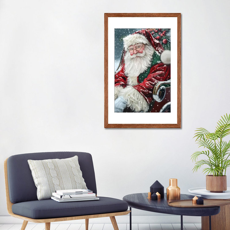 Père Noël en traîneau - reproduction d'art mural - papier d'art encadré, Brun