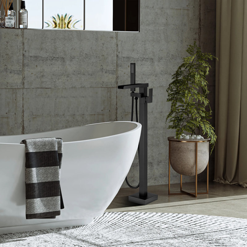 Single Handle Floor Mounted Freestanding Tub Filler Trim with Handheld, Matte Black