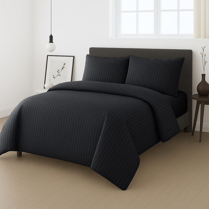 Microfiber Stripe Duvet Complete Set With Striped Pillows & Fitted Sheet, Kingsize Duvet +1 Fitted Sheet +2 Pillowcases