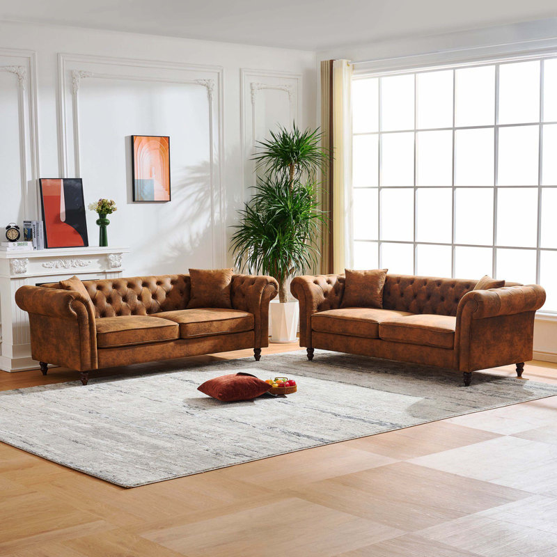 Ensemble de canapé brun en tissu Chesterfield Tech 3 + 3 places, accoudoirs roulés, canapé rembourré Mid Century Modern pour salon, bureau et appartement