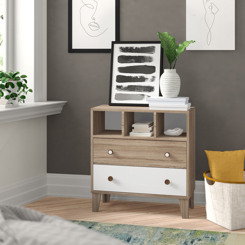 Commode 2 tiroirs Burrier, Blanc / Sonomo