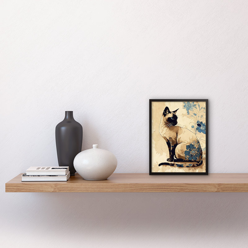 Siamese Cat with Blue Flowers Watercolour and Ink Modern 1 Piece Single Picture Frame Wall Art