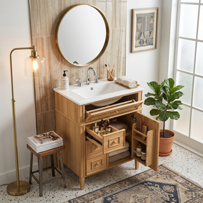 Meuble-lavabo autoportant de 24 po avec lavabo en céramique, structure en bois massif, 1 tiroir rabattable, 1 rangement de porte et 2 tiroirs à fermeture en douceur