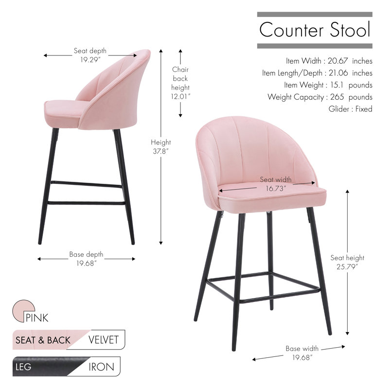 Upholstered Counter Stool with Metal Frame, Pink