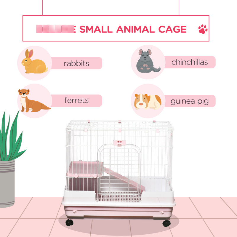 Maison pour petits animaux rose avec roulettes et plateau amovible pour l'hygiène des animaux, chinchillas, etc.