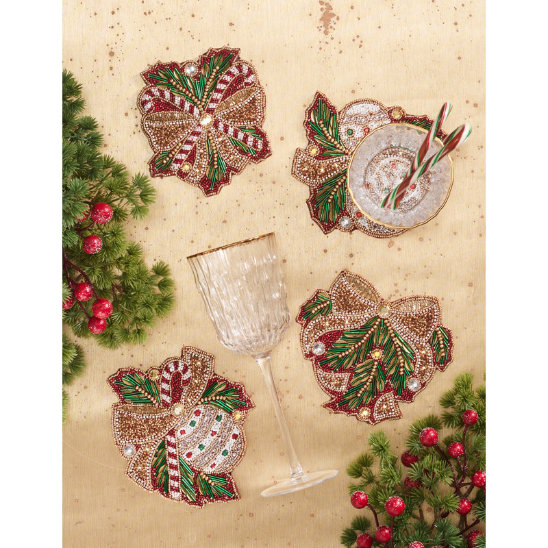 Candy Cane Bow 4 Piece Coaster Set in a Gift Bag