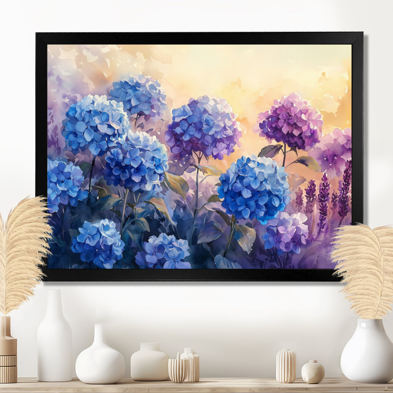 Hortensias dans le champ de lavande I - hortensia, décoration murale, Impression d'un seul cadre photo, Noir