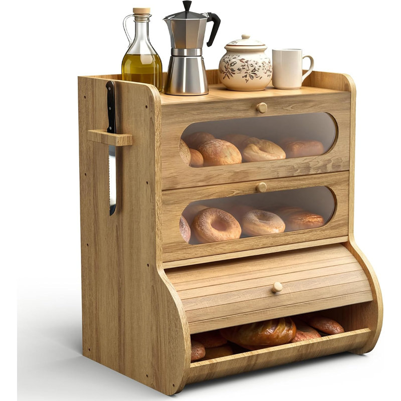 Boîte à pain pour comptoir de cuisine, boîte à pain de grande capacité à 3 niveaux, avec fenêtre, support à planche à découper et porte-couteaux, contenant à pain en bambou, organisateur sous armoire