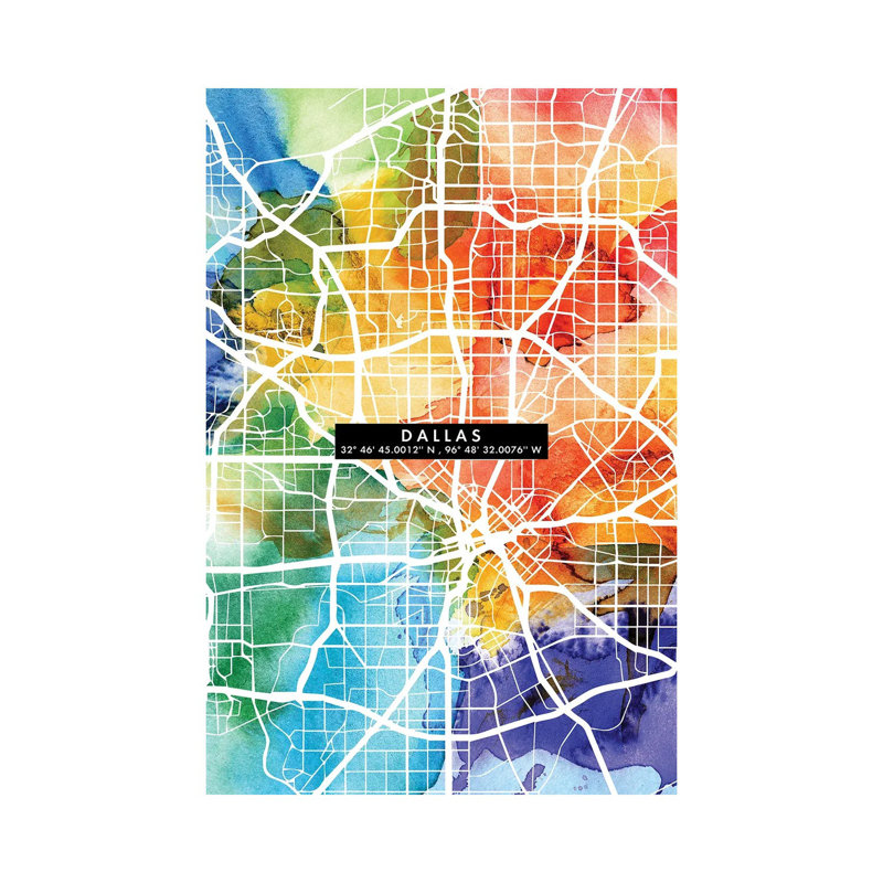 Dallas City Map Colourful - Wrapped Canvas Painting, 30.48cm H x 20.32cm W x 1.91cm D
