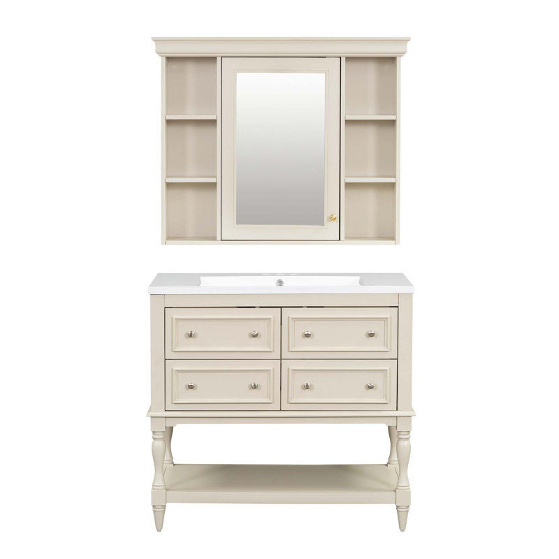 Ensemble de meuble-lavabo moderne avec tablette réglable, 4 tiroirs et armoire à pharmacie, Beige