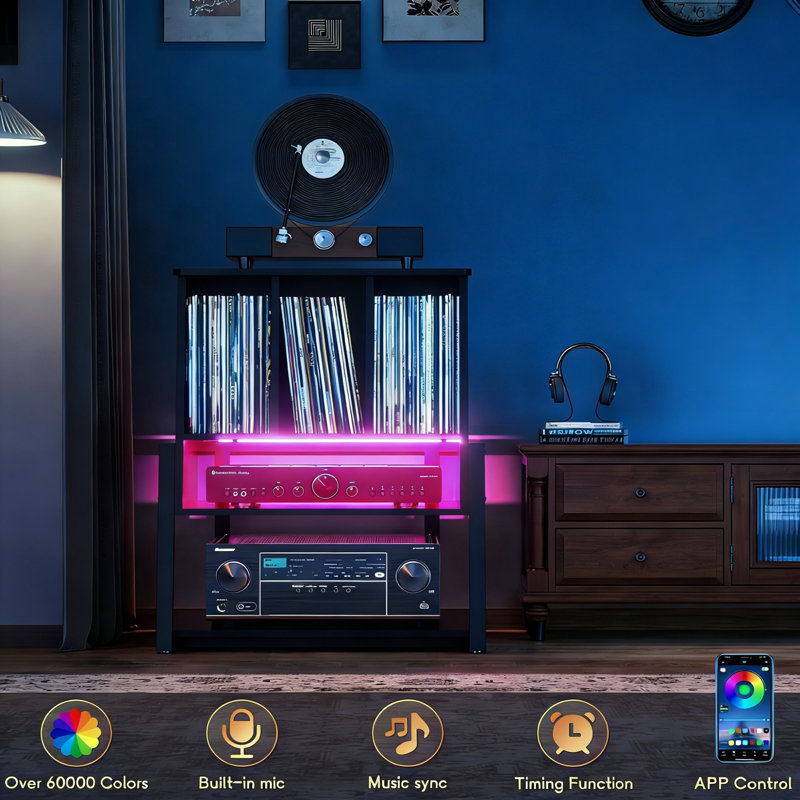 Record Player Stand With Vinyl Storage For 200 Albums, Charging Station & LED Light, Black, Black