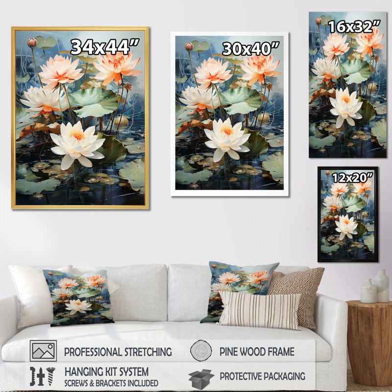 «Lusulu Asian Art Lotus Pond I», reproduction sur toile, Toile tendue, H 32 po x l 16 po x P 1 po