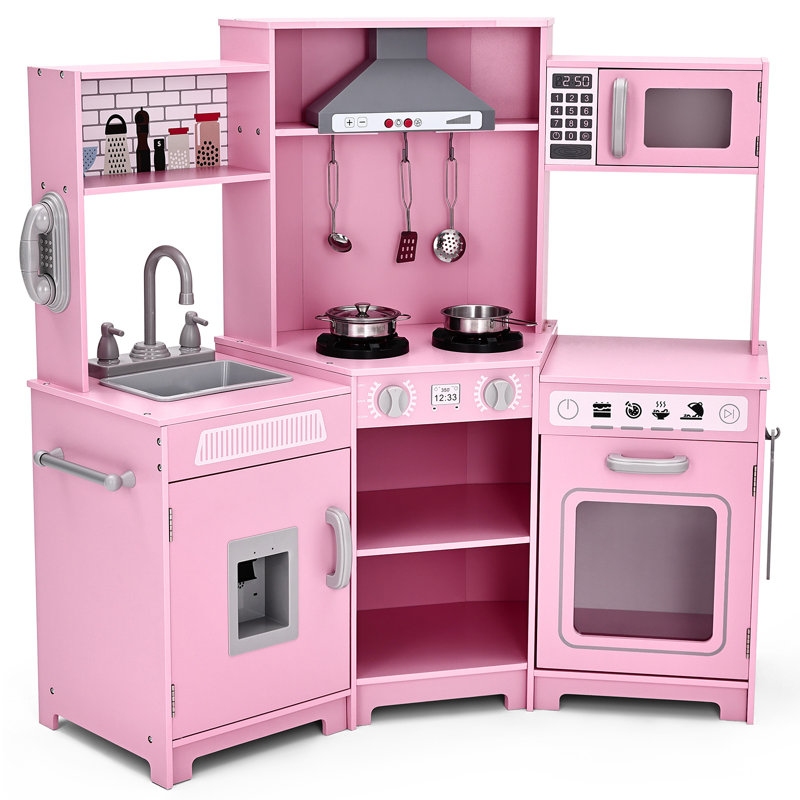 JOYLDIAS Corner Wooden Pretend Kids Play Kitchen, Toddler Kitchen Toys Playset, Pink