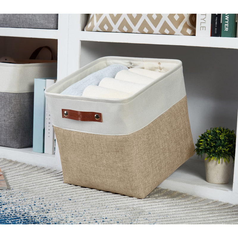 Beige and White Rectangular Fabric Storage Bins with Handles