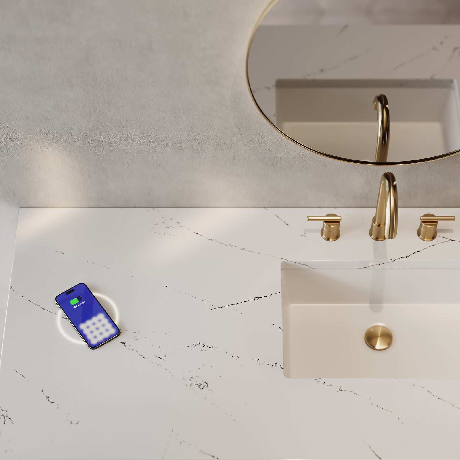 Hudson 60"W Single Vanity W/ Freepower Wireless Charger, Ethereal Noctis, Honey Oak
