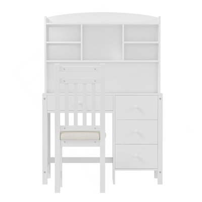 Vintage 40'' Home Executive Desk And Upholstered Chair Set With Bookshelf, Computer Desk With Four Drawers, Storage Shelf, And Chair, Ideal For Office Or Study In Bedroom Or Living Room,White