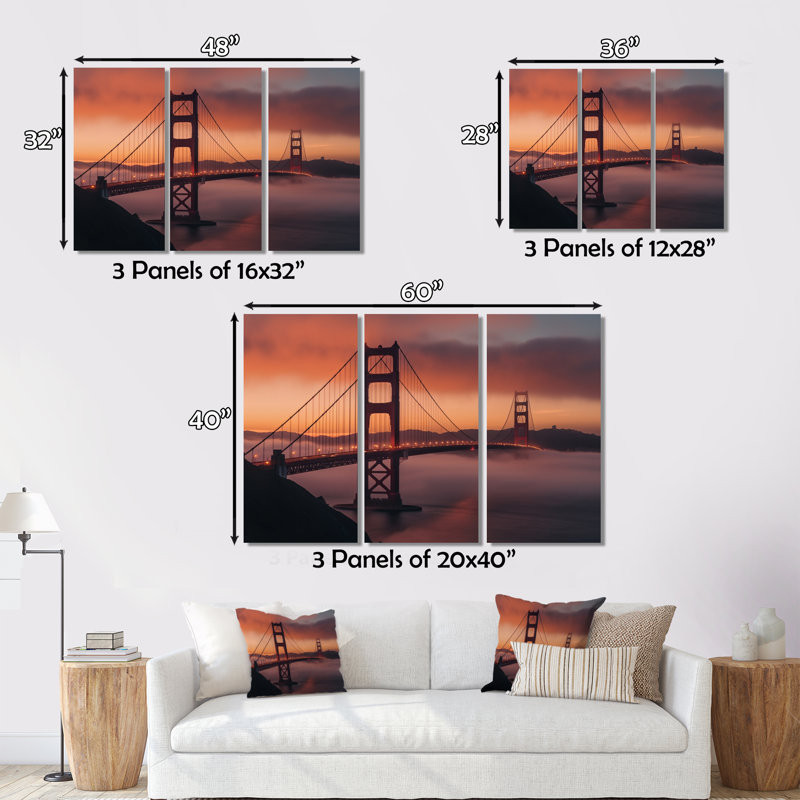 San Francisco Golden Gate Solitude I sur toile, reproduction de 3 pièces, H 32 po x l 48 po x P 1 po