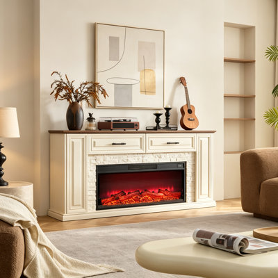Meuble télé 70 po pour téléviseur de 80 po ou moins, foyer électrique moderne de 42 po avec manteau de cheminée, centre de divertissement de style maison de campagne avec 3 tiroirs dissimulés pour le salon, luminosité réglable et faible bruit, blanc